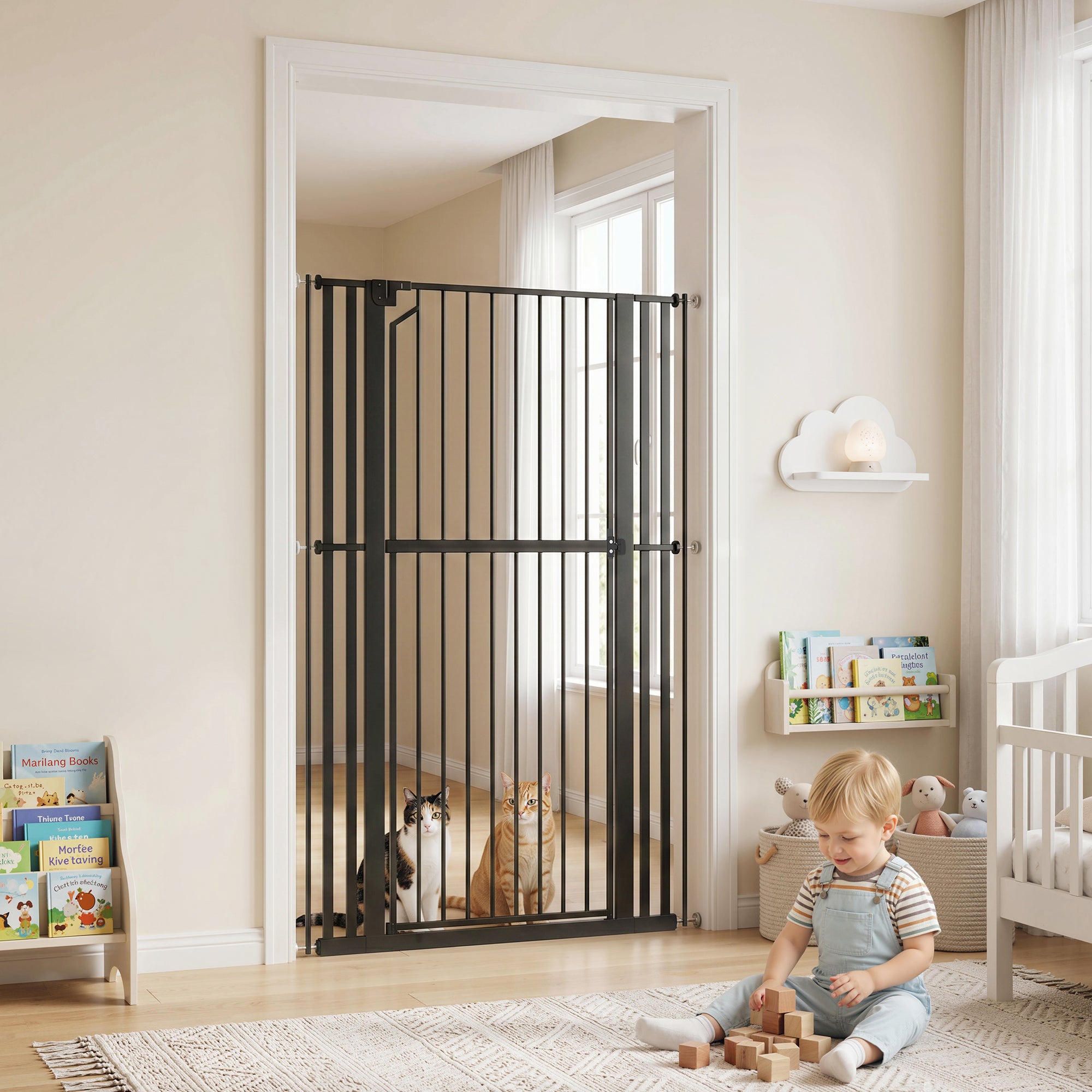 63" Extra Tall Pet Gate for Cats and Dogs, 30-41" Wide Adjustable Pressure Mounted Baby Gate for Doorways, Hallways, Stairs, Includes 2 Extensions, No Drilling, Auto Close