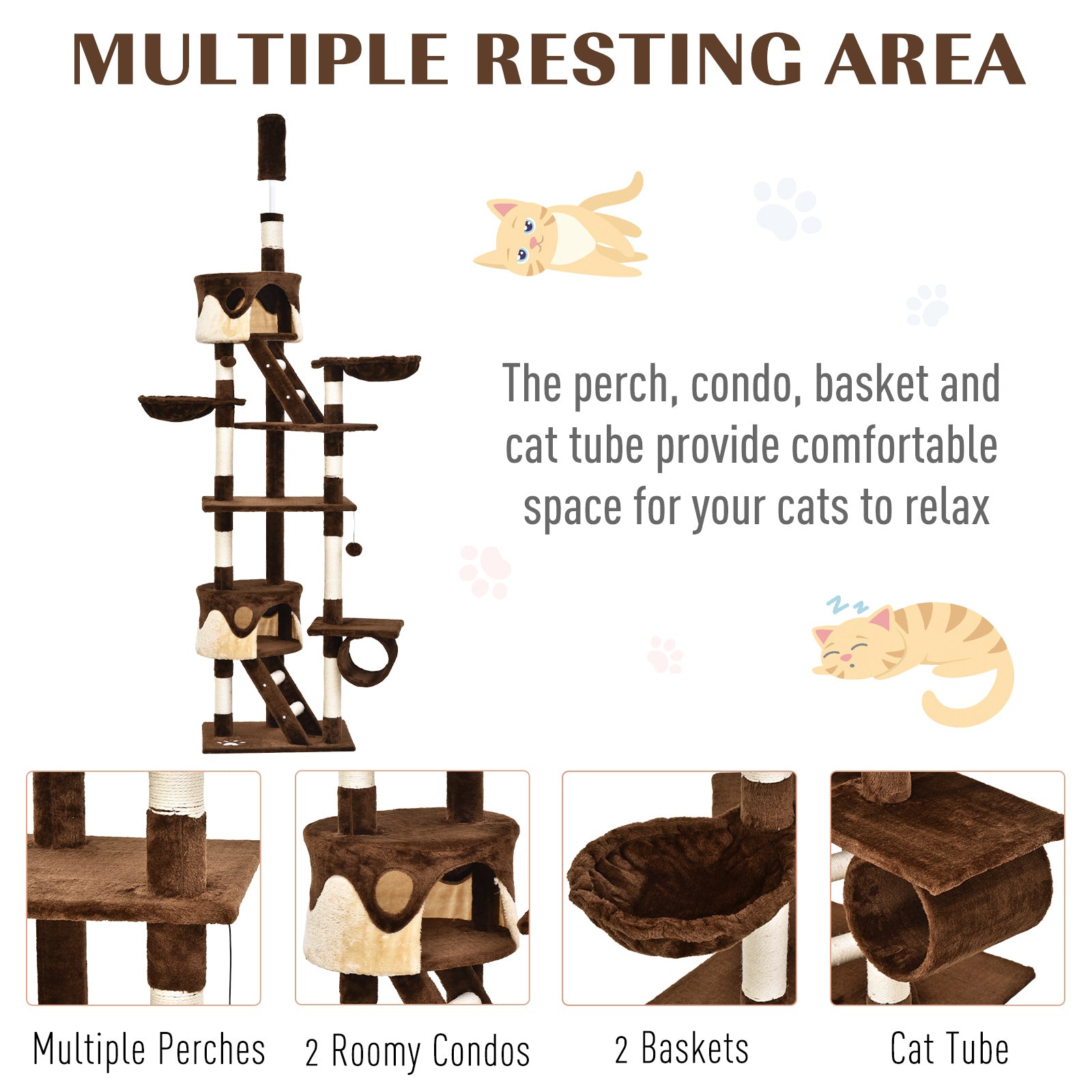 Cat Tower for Large Cats Adult, Floor to Ceiling Cat Tree Adjustable Height 94"-102" Multi-Level with Scratching Posts, Cozy Hammock, Dangling Ball Toy, Brown