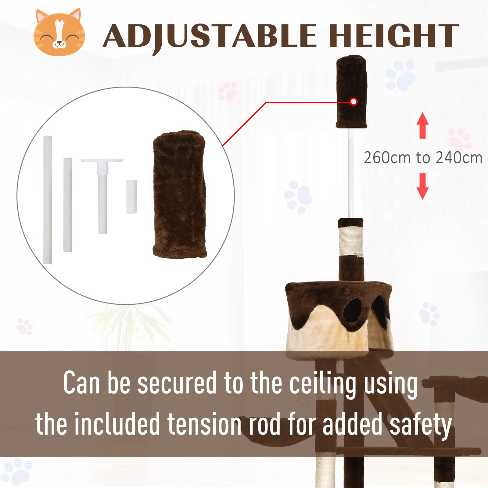 Cat Tower for Large Cats Adult, Floor to Ceiling Cat Tree Adjustable Height 94"-102" Multi-Level with Scratching Posts, Cozy Hammock, Dangling Ball Toy, Brown