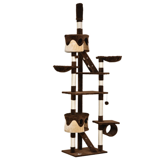 Cat Tower for Large Cats Adult, Floor to Ceiling Cat Tree Adjustable Height 94"-102" Multi-Level with Scratching Posts, Cozy Hammock, Dangling Ball Toy, Brown