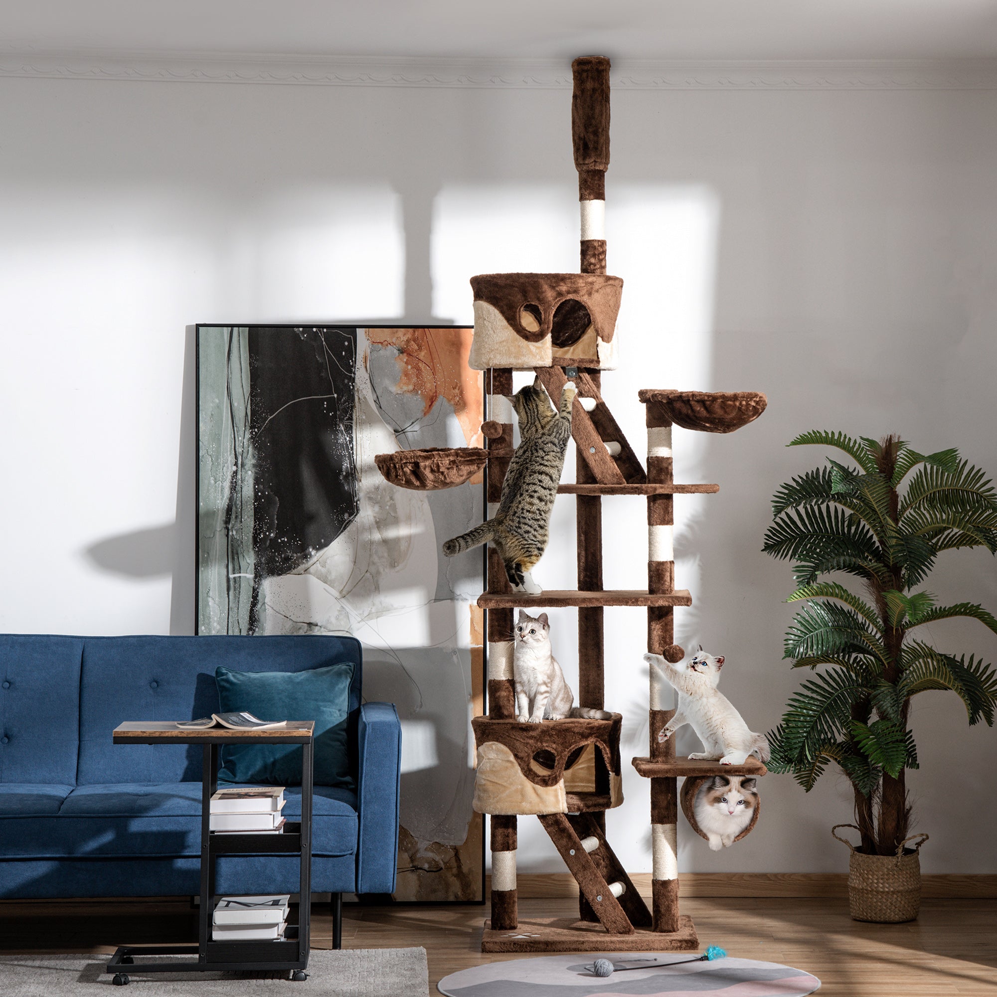 Cat Tower for Large Cats Adult, Floor to Ceiling Cat Tree Adjustable Height 94"-102" Multi-Level with Scratching Posts, Cozy Hammock, Dangling Ball Toy, Brown