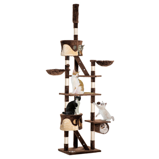 Cat Tower for Large Cats Adult, Floor to Ceiling Cat Tree Adjustable Height 94"-102" Multi-Level with Scratching Posts, Cozy Hammock, Dangling Ball Toy, Brown