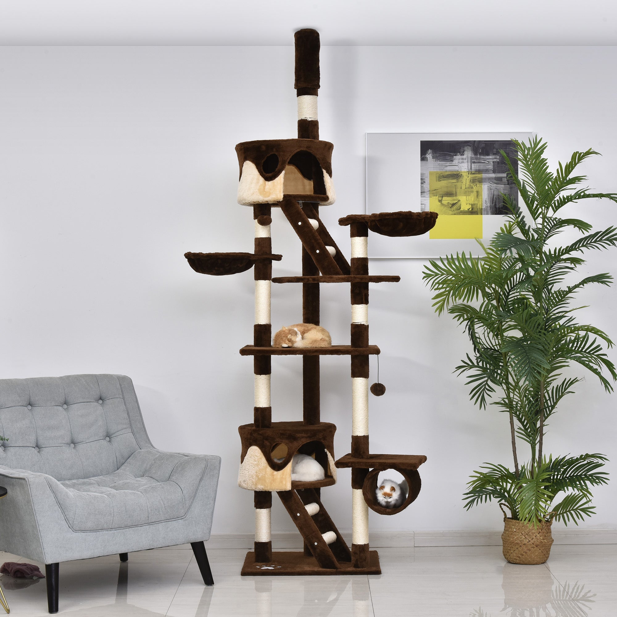 Cat Tower for Large Cats Adult, Floor to Ceiling Cat Tree Adjustable Height 94"-102" Multi-Level with Scratching Posts, Cozy Hammock, Dangling Ball Toy, Brown