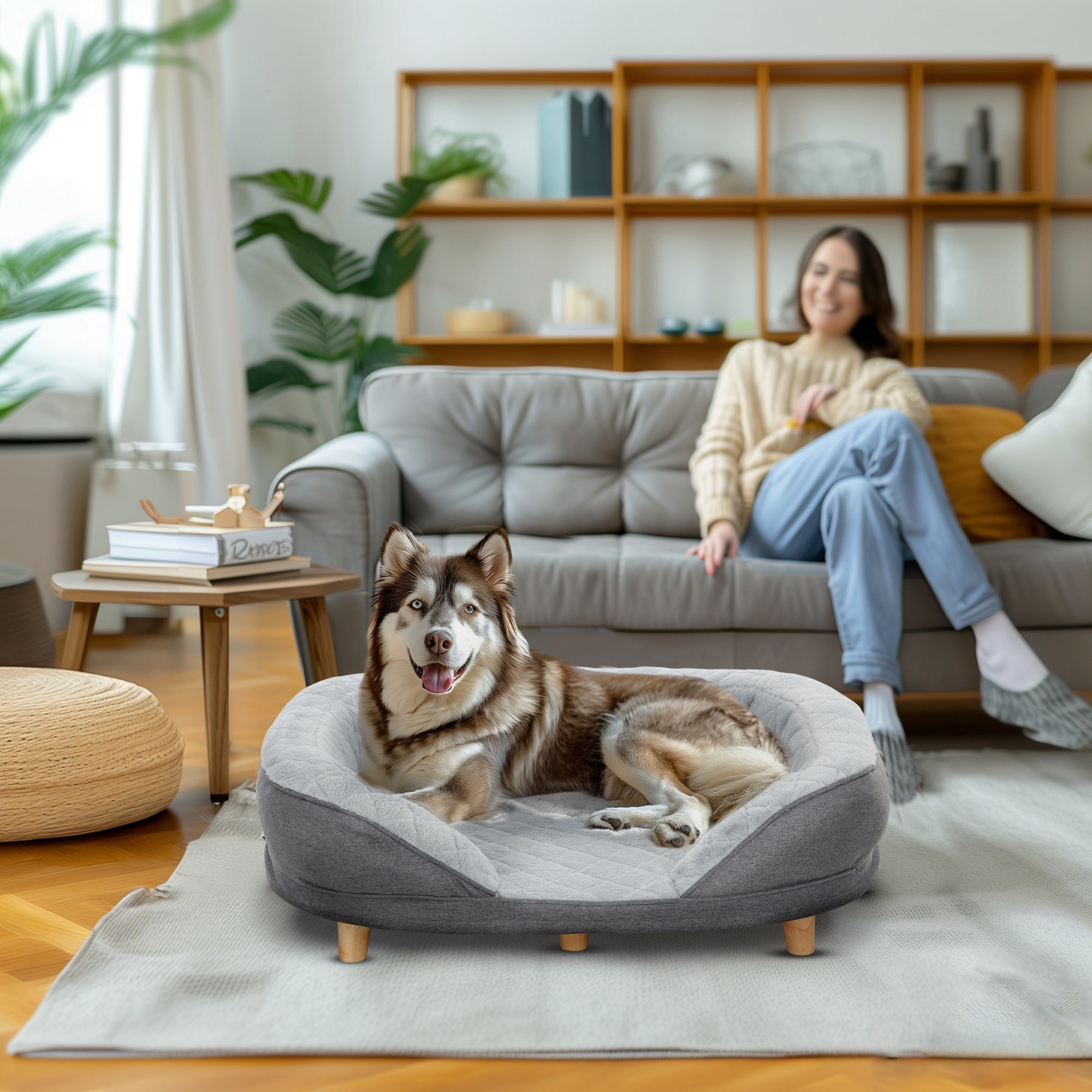 Dog Sofa Bed for Large Sized Pet, Cat Sofa with Soft Velvet Fabric, Removable Cushion, Washable Cover, Anti-Slip Foot Pads, 55 lbs Dog Couch, Grey