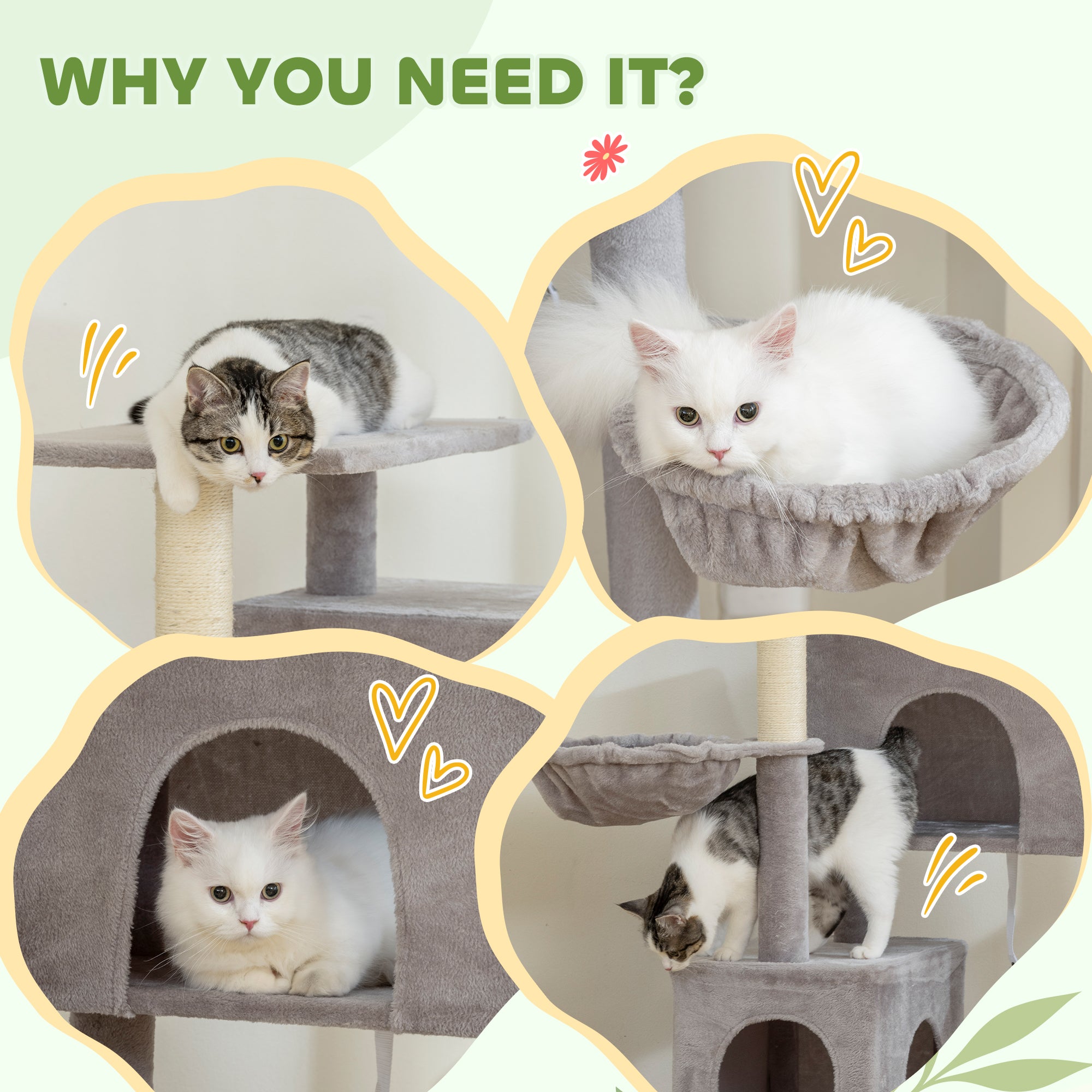Cat Tree, 66 Inch Large Cat Tower with 2 Door Condos, 3 Big Hammocks, Plush Top Perch, Sisal Scratching Posts, Multi-level Kitty Tree for Indoor Kittens, Light Grey
