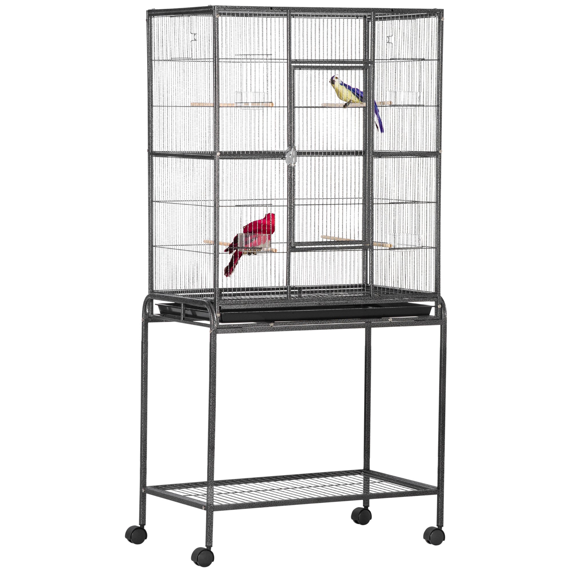 30" Rolling Metal Bird Cage Feeder with Detachable Rolling Stand, Storage Shelf, Wood Perch & Food Container