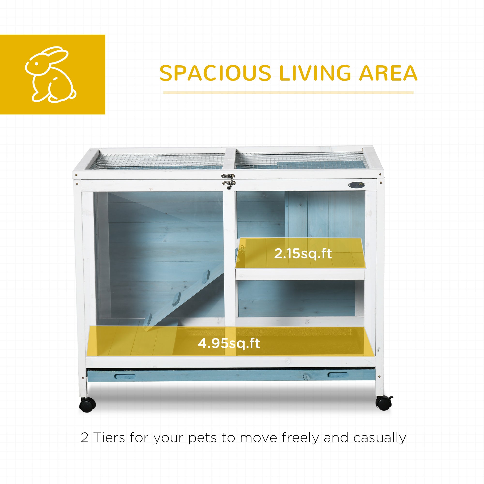 Indoor Rabbit Hutch with Wheels, Bunny Cage Guinea Pig House Small Animals Habitat W/ Top Access, Ramp, Pull Out Tray, Blue