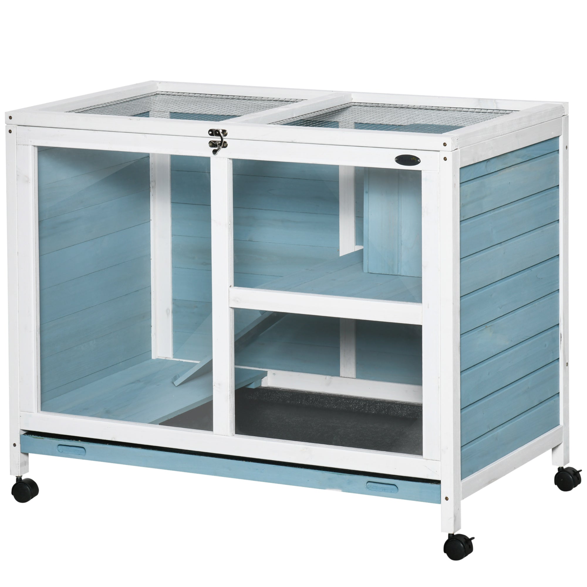 Indoor Rabbit Hutch with Wheels, Bunny Cage Guinea Pig House Small Animals Habitat W/ Top Access, Ramp, Pull Out Tray, Blue