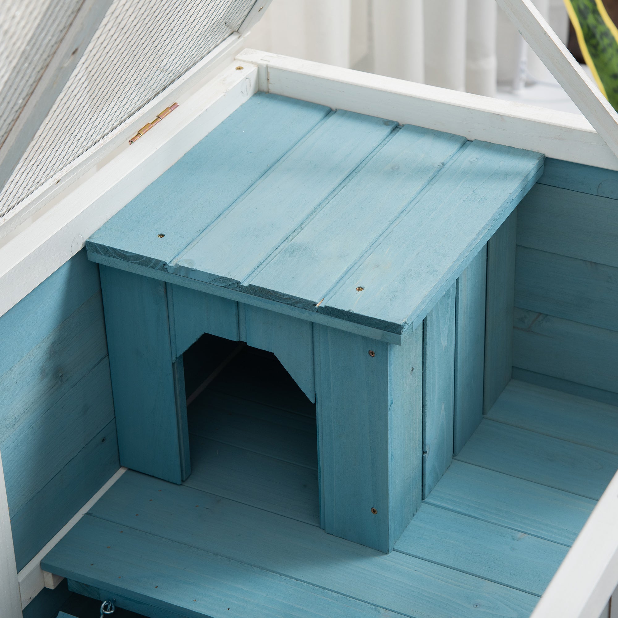 PawHut Rabbit Hutch with Wheels, Desk and Side Table Sized, Wooden Rabbit Cage, Waterproof Small Bunny Cage with Removable Tray, Openable Roof, for Indoor & Outdoor, Light Blue