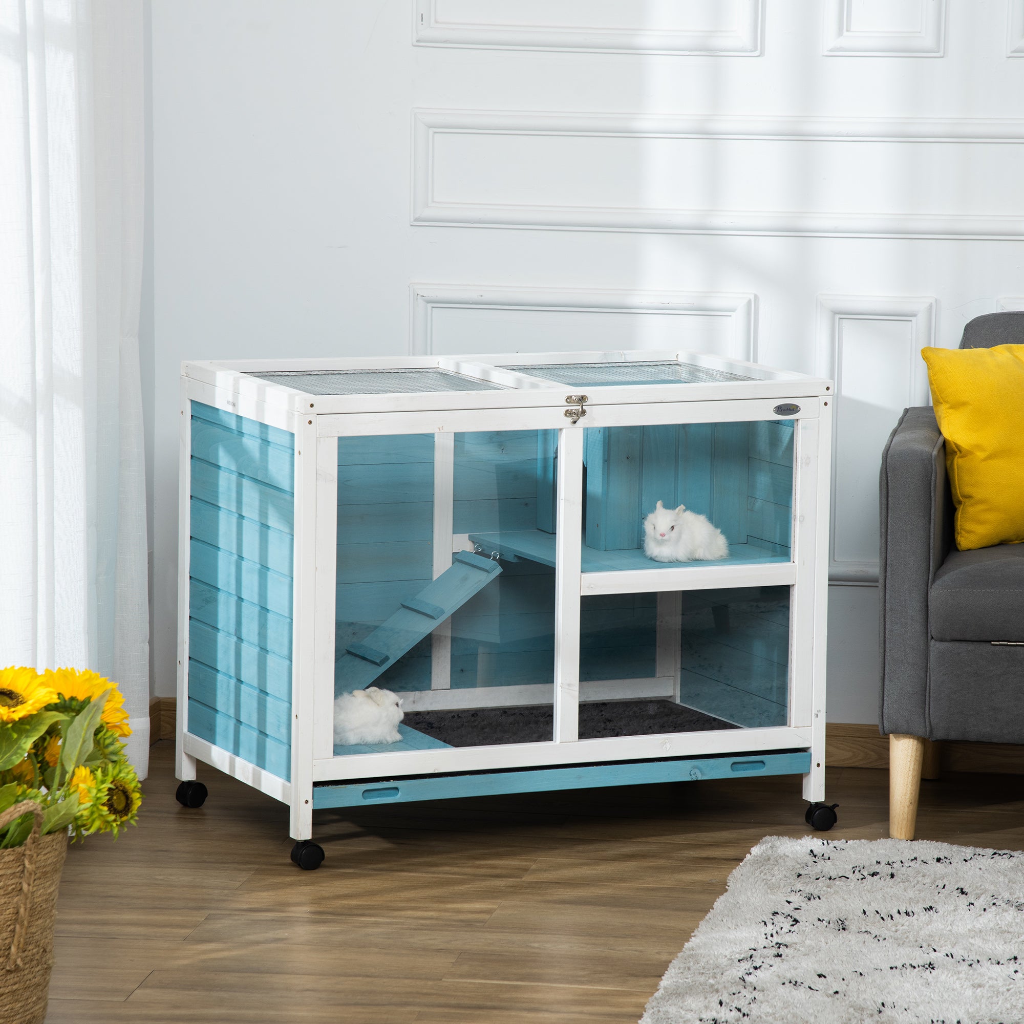 PawHut Rabbit Hutch with Wheels, Desk and Side Table Sized, Wooden Rabbit Cage, Waterproof Small Bunny Cage with Removable Tray, Openable Roof, for Indoor & Outdoor, Light Blue