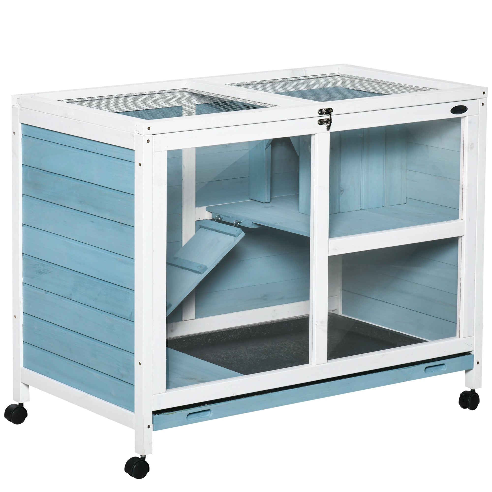 Indoor Rabbit Hutch with Wheels, Bunny Cage Guinea Pig House Small Animals Habitat W/ Top Access, Ramp, Pull Out Tray, Blue