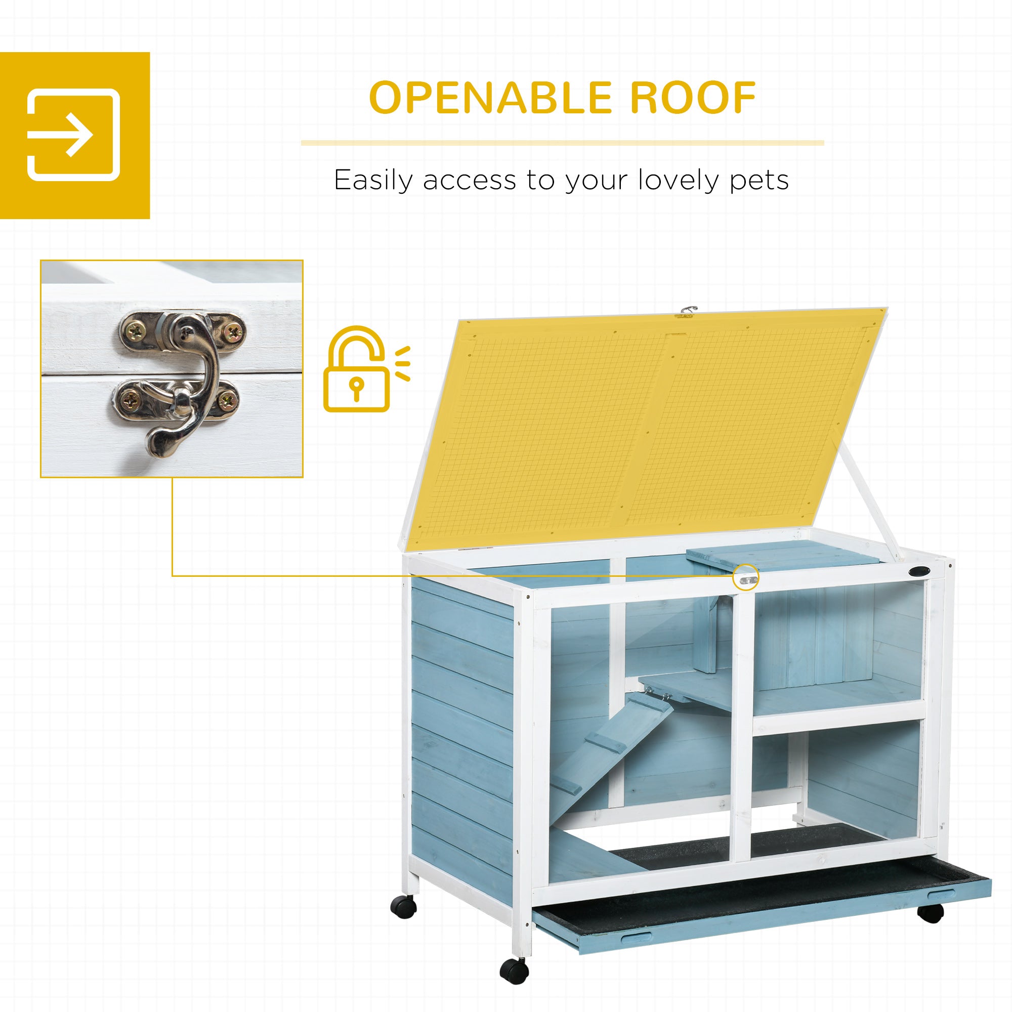 PawHut Rabbit Hutch with Wheels, Desk and Side Table Sized, Wooden Rabbit Cage, Waterproof Small Bunny Cage with Removable Tray, Openable Roof, for Indoor & Outdoor, Light Blue