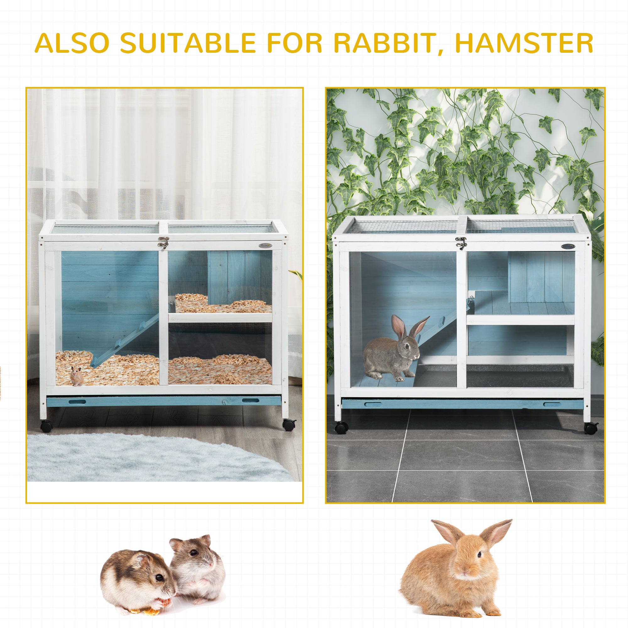 PawHut Rabbit Hutch with Wheels, Desk and Side Table Sized, Wooden Rabbit Cage, Waterproof Small Bunny Cage with Removable Tray, Openable Roof, for Indoor & Outdoor, Light Blue