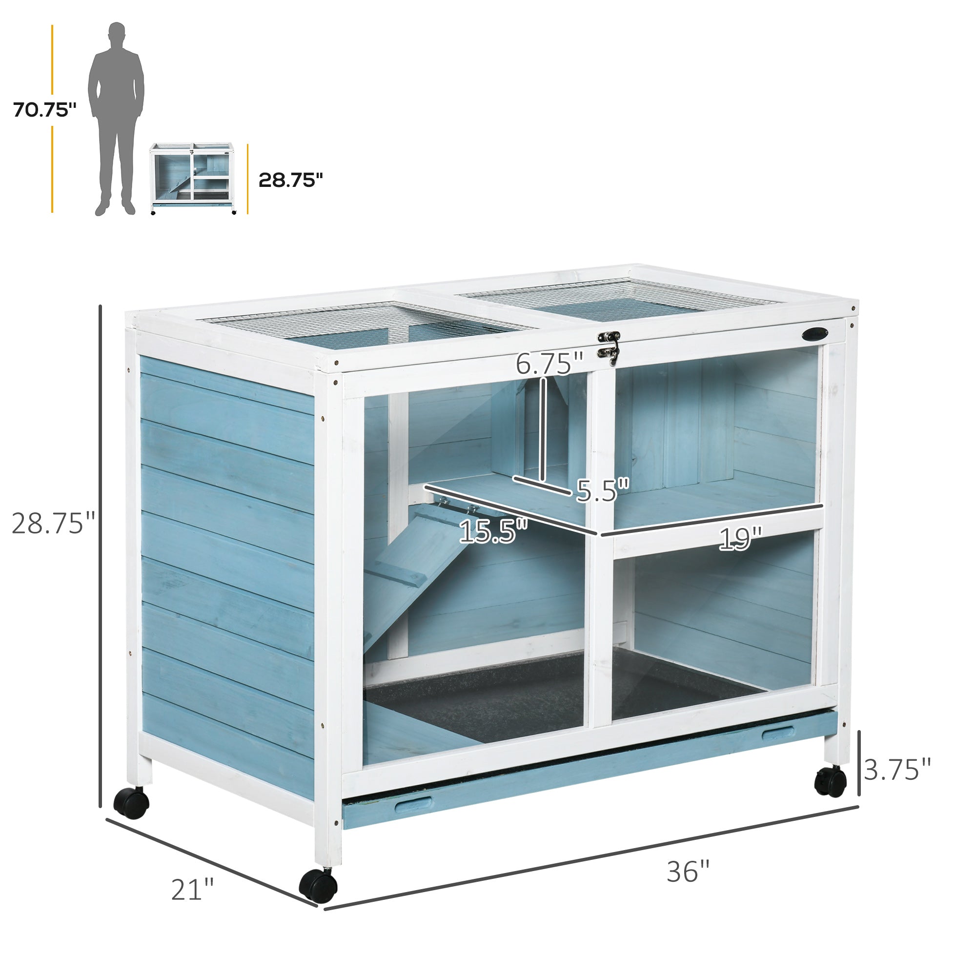 PawHut Rabbit Hutch with Wheels, Desk and Side Table Sized, Wooden Rabbit Cage, Waterproof Small Bunny Cage with Removable Tray, Openable Roof, for Indoor & Outdoor, Light Blue