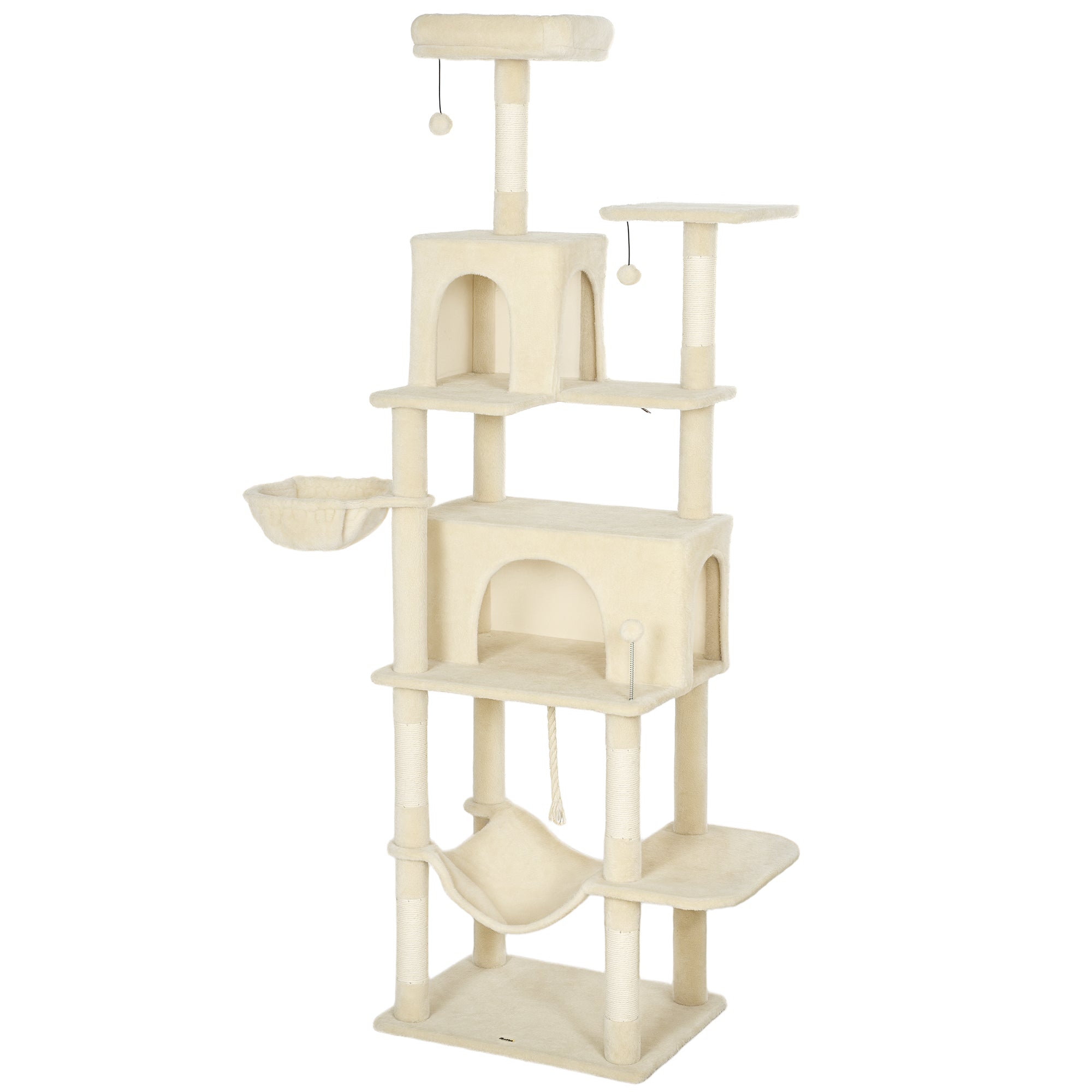 Cat Tree, 202cm Large Cat Tower for Indoor Kittens with 6 Scratching Posts, 2 Condos, 2 Perches, 2 Hammocks, Pompoms, Multi-Level Plush Kitty Activity Centre for Rest and Play, Beige