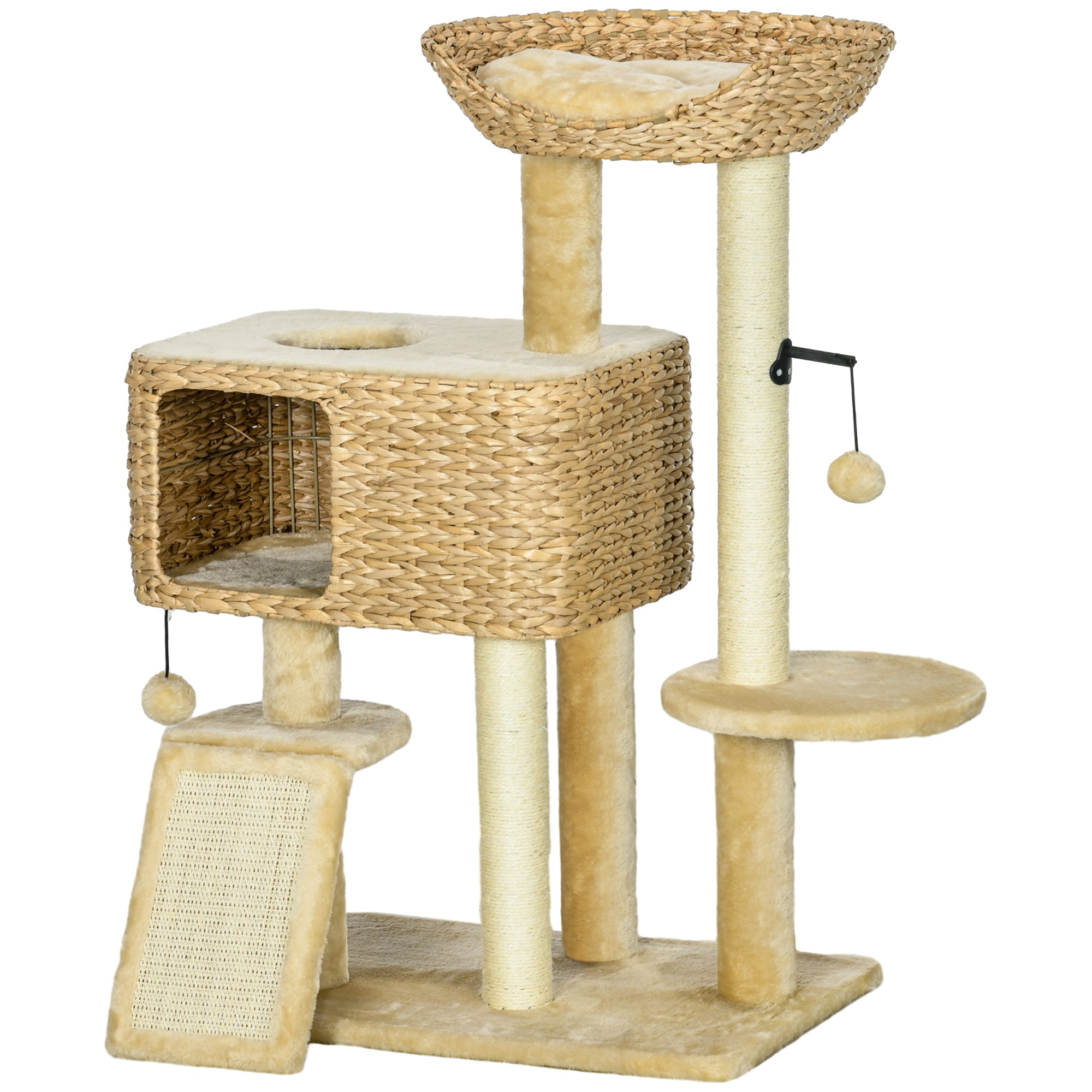 95cm Cat Tree for Indoor Cats, Cat Tower with Scratching Posts, Ramp, Condo, Toy Balls, Platform, Bed, Ramp - Beige