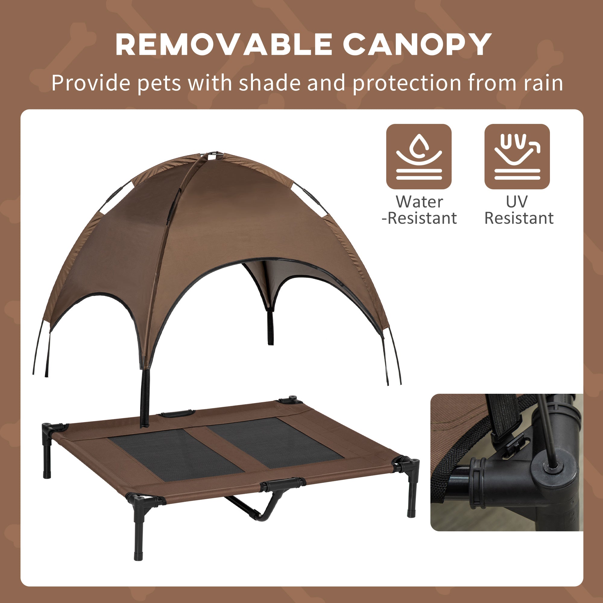 Raised Dog Bed Waterproof Elevated Pet Cot with Breathable Mesh UV Protection Canopy Brown, for Large Dogs, 92 x 76 x 90cm