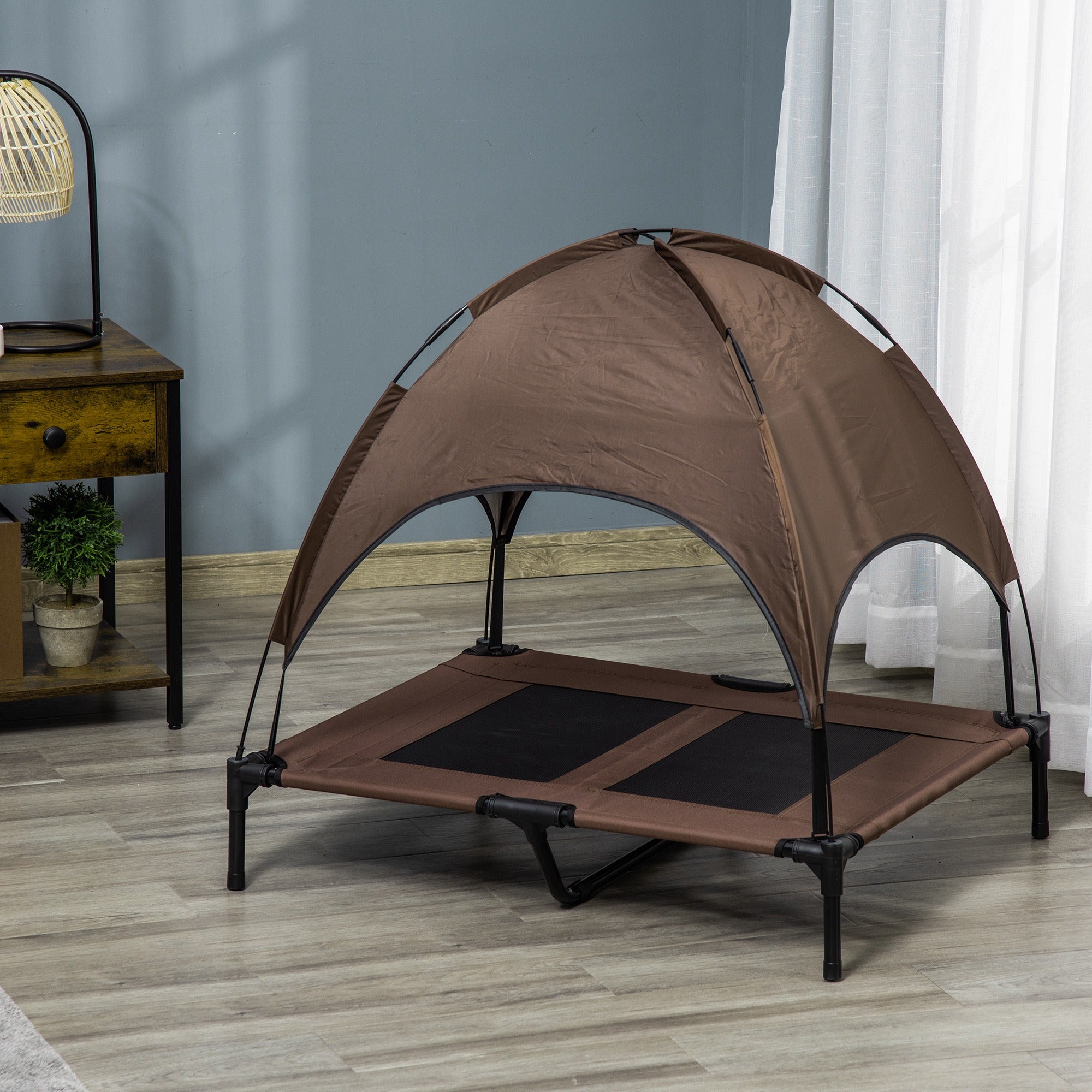 Elevated Dog Bed with Canopy, Portable Raised Dog Cot for L Sized Dogs, Indoor & Outdoor, 36" x 30" x 35", Coffee