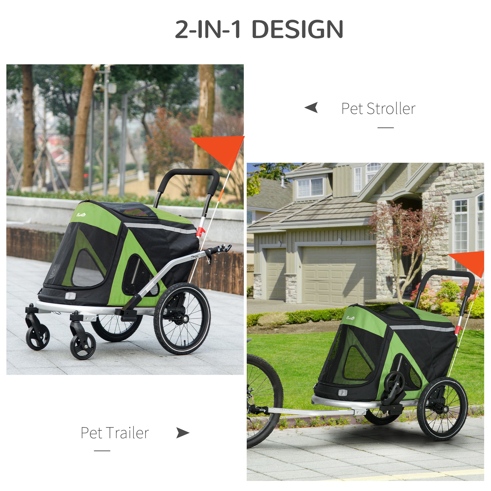 Aosom 2 in 1 Bike Trailer, Foldable Dog Bike Stroller with Aluminum Frame, Quick Release Wheels, Safety Leash, Anti-Slip Mat, Hitch Coupler, Reflectors, Flag for Medium Dogs, Green