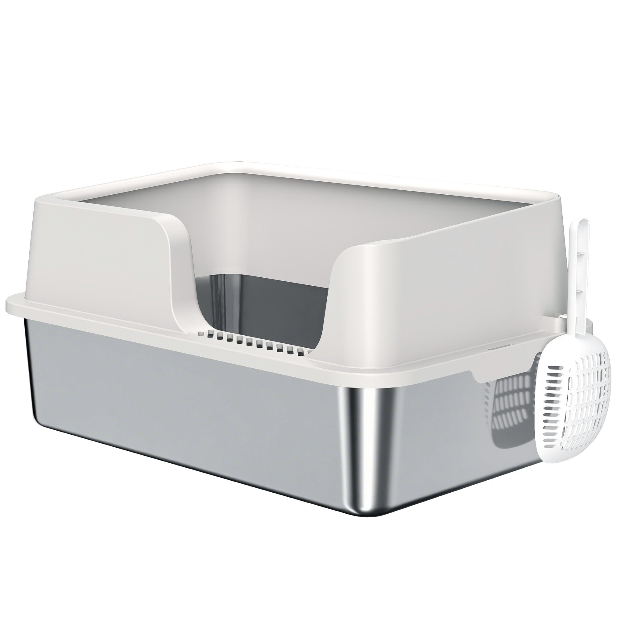 Stainless Steel Litter Box, XL Cat Litter Box with High Side, Extra Large Metal Kitten Litterbox for Big Cats with Scoop, Easy Cleaning & Anti-Urine Leakage, Light Gray