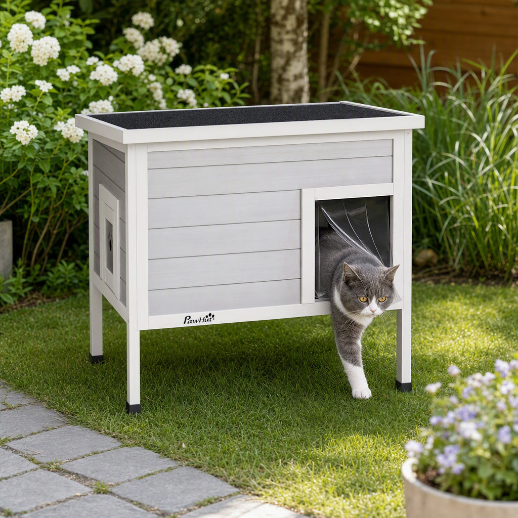 Outdoor Cat House Weatherproof with Removable Insulated Liner, Raised Wooden Cat House, Insulated Cat Shelter, Outdoor Use, Waterproof Asphalt Roof, Escape Door, Opening Top