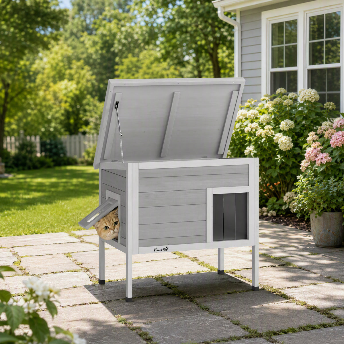 Outdoor Cat House Weatherproof with Removable Insulated Liner, Raised Wooden Cat House, Insulated Cat Shelter, Outdoor Use, Waterproof Asphalt Roof, Escape Door, Opening Top