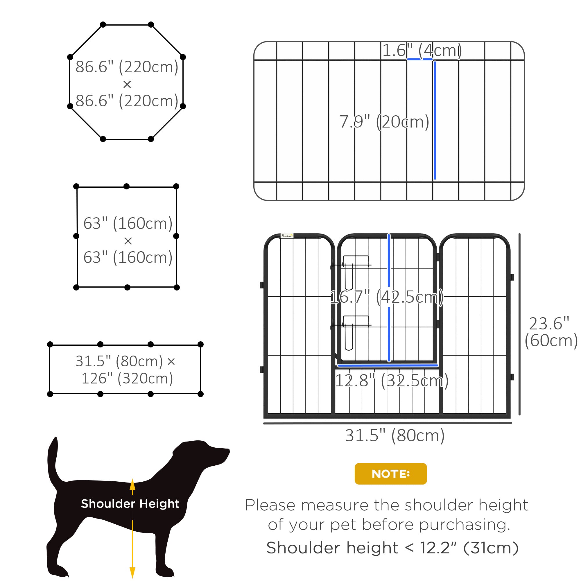 Dog Playpen, Wide 31.5"W Heavy-Duty Metal Puppy Play Pen, Pet Exercise Fences for Outside and Indoor, DIY Design with Door for Small Dogs, 8 Panels, 23.5"H