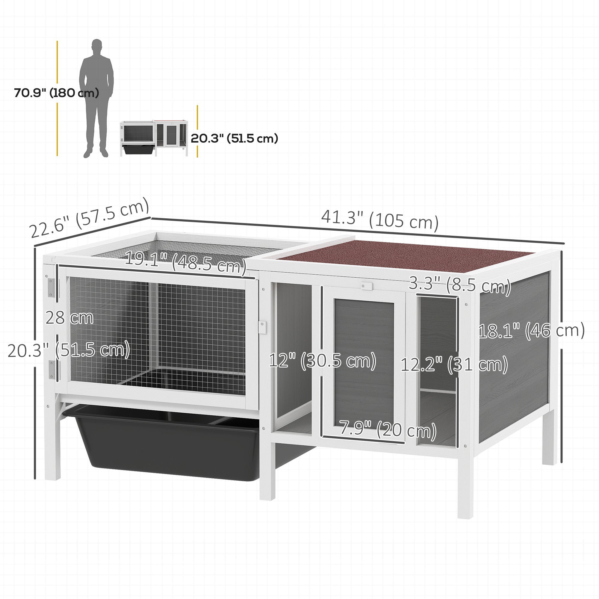 Rabbit Hutch, Wooden Guinea Pig Cage with Run, Openable Top, Pull Out Tray and Ramp, Hamster Cage with Water-Resistant Roof for Indoor Outdoor, Grey