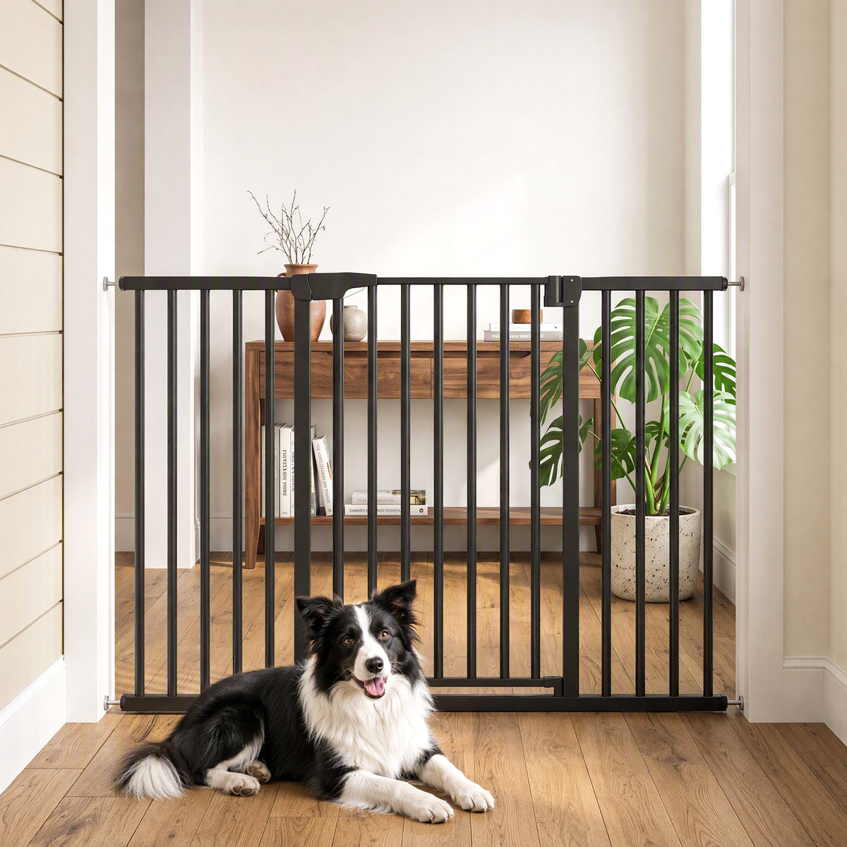 Baby Gate, Pet Gate with 3 Extensions, Auto-Close, Two-Way Open, Pressure Mounted for Stair, Doorways and Hallways, 36"H, Black