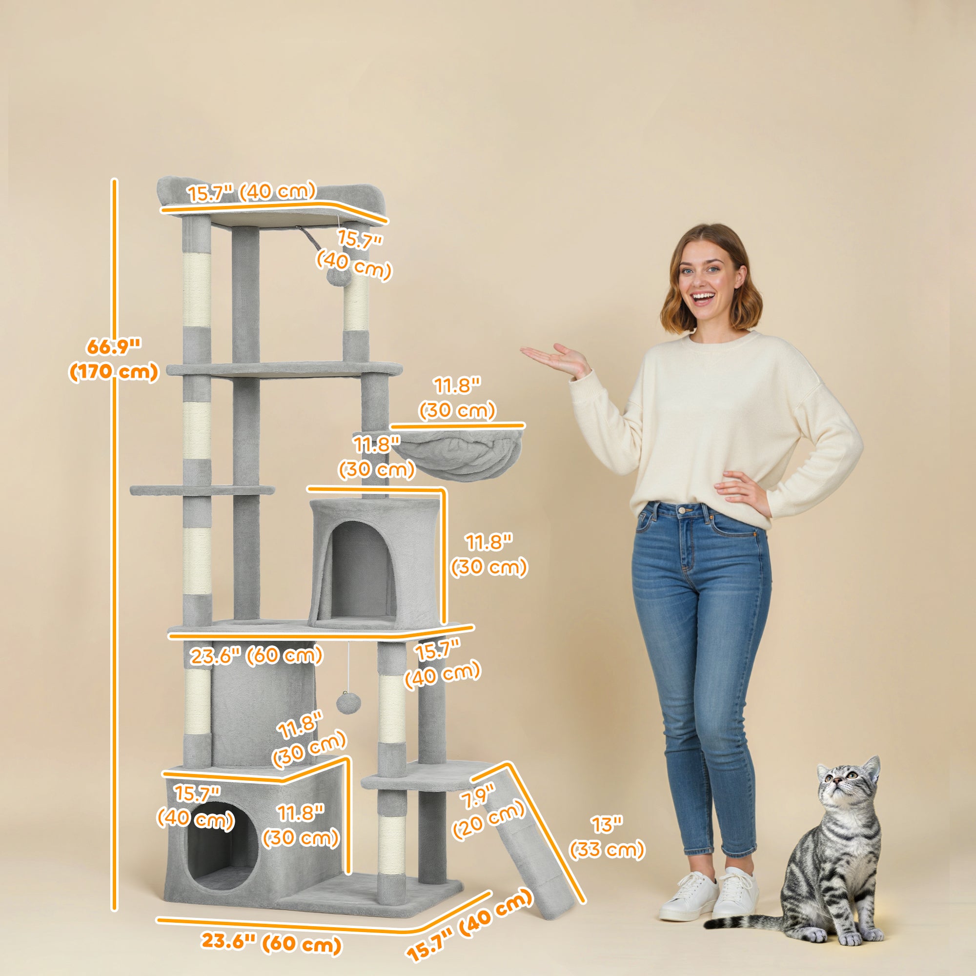 Cat Tree, 67" Large Cat Tower for Indoor Kittens Multi-Level with 7 Scratching Posts, Tunnel, 2 Plush Condos, Hammock, Perch, Ramp, Pompoms, Light Grey