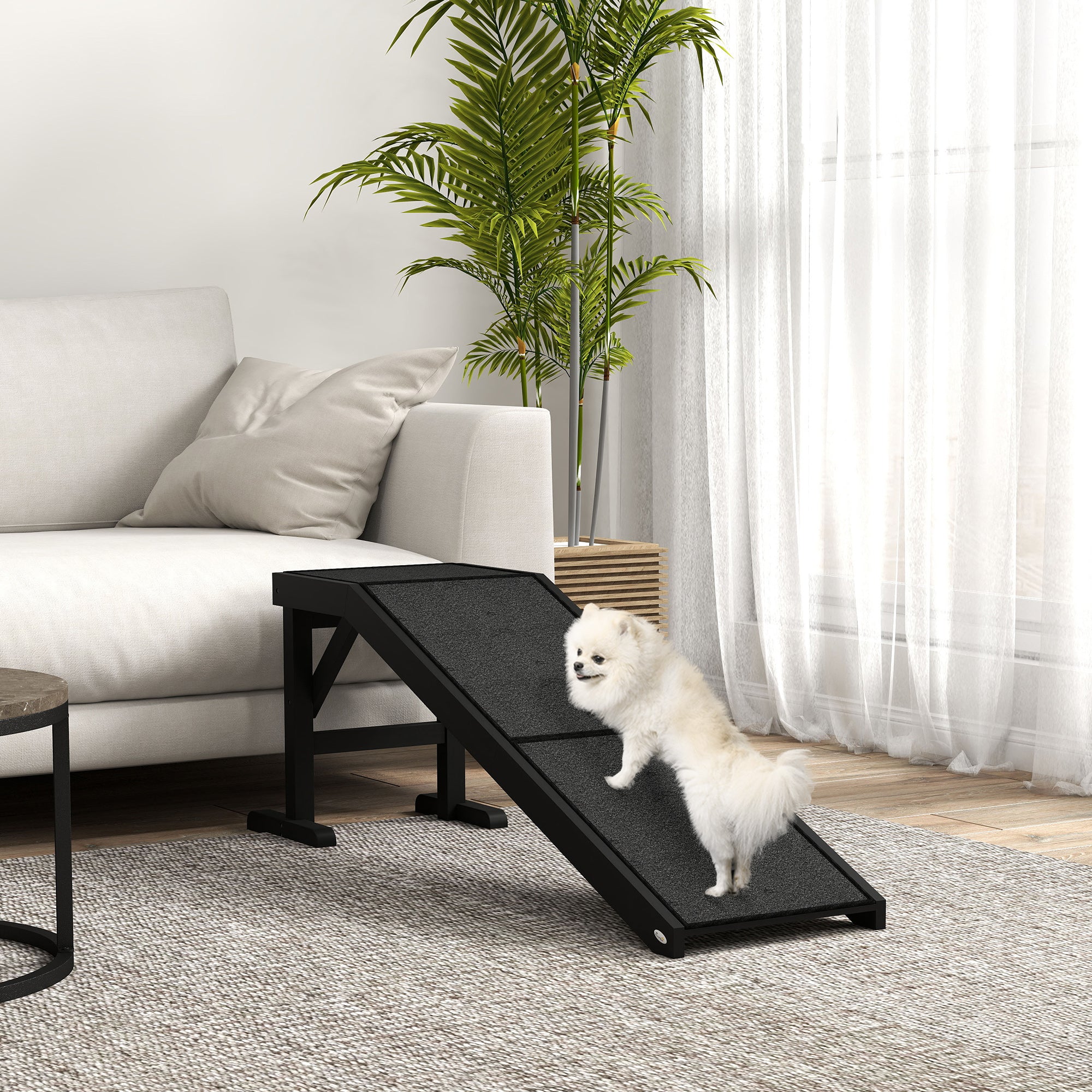 Pet Ramp Bed Steps for Dogs Cats Non-slip Carpet Top Platform Pine Wood 59"L x 16"W x 20"H Black