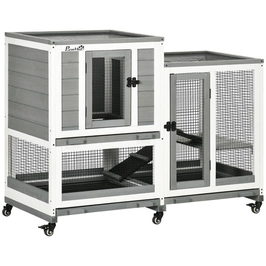 PawHut Indoor Rabbit Hutch, Three Story Wooden Rabbit Cage Bunny Hutch with Runs, Wheels, Waterproof Roof and Removable Trays, Gray