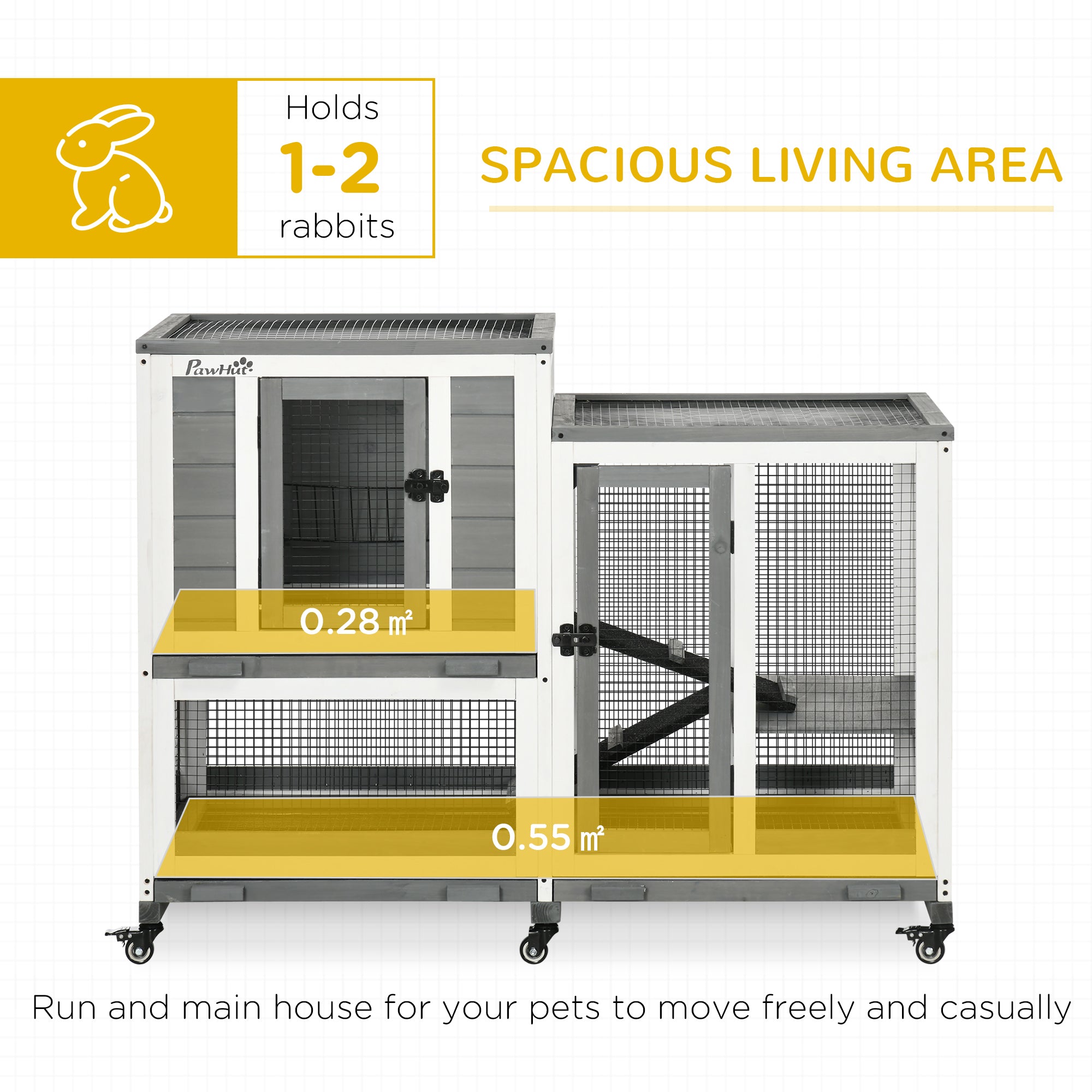 PawHut Indoor Rabbit Hutch, Three Story Wooden Rabbit Cage Bunny Hutch with Runs, Wheels, Waterproof Roof and Removable Trays, Gray