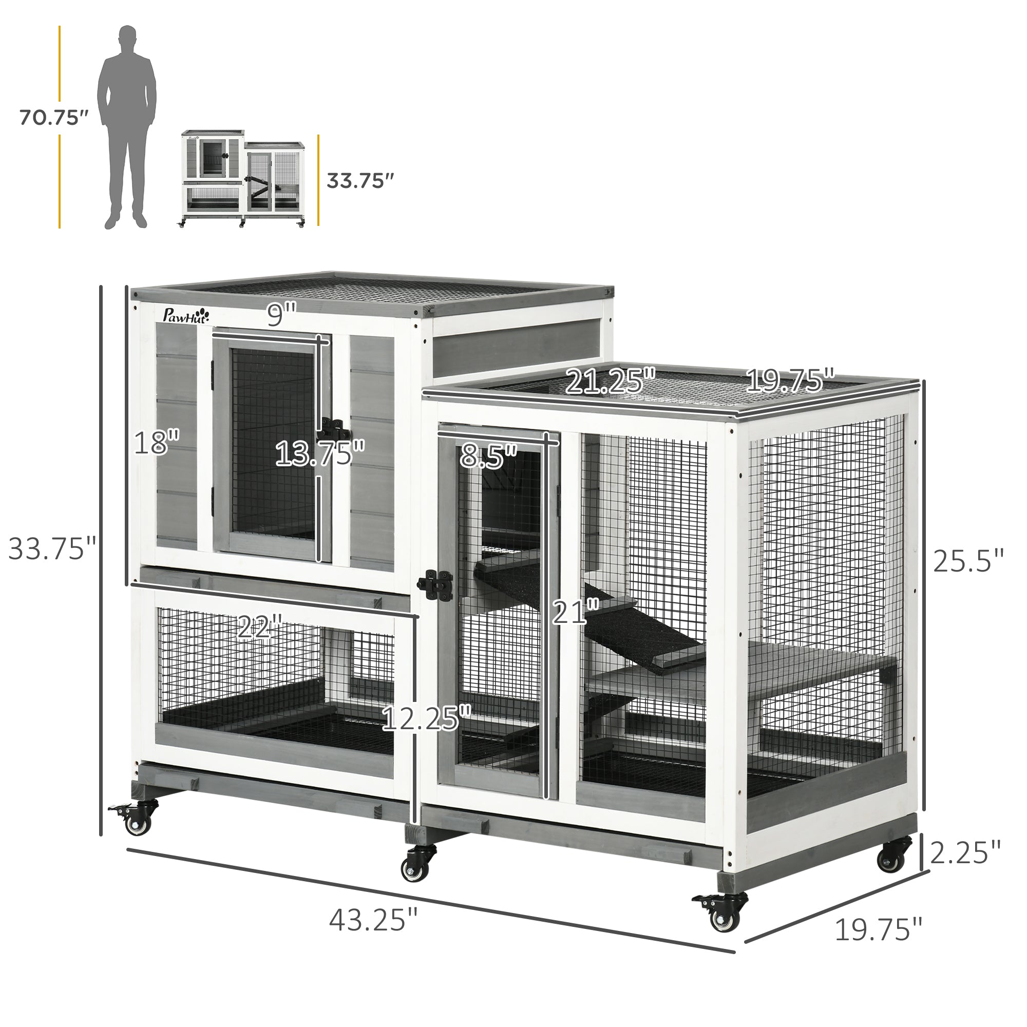 PawHut Indoor Rabbit Hutch, Three Story Wooden Rabbit Cage Bunny Hutch with Runs, Wheels, Waterproof Roof and Removable Trays, Gray