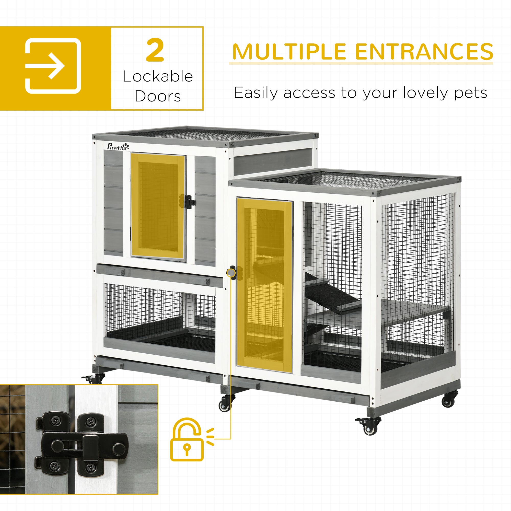 PawHut Indoor Rabbit Hutch, Three Story Wooden Rabbit Cage Bunny Hutch with Runs, Wheels, Waterproof Roof and Removable Trays, Gray