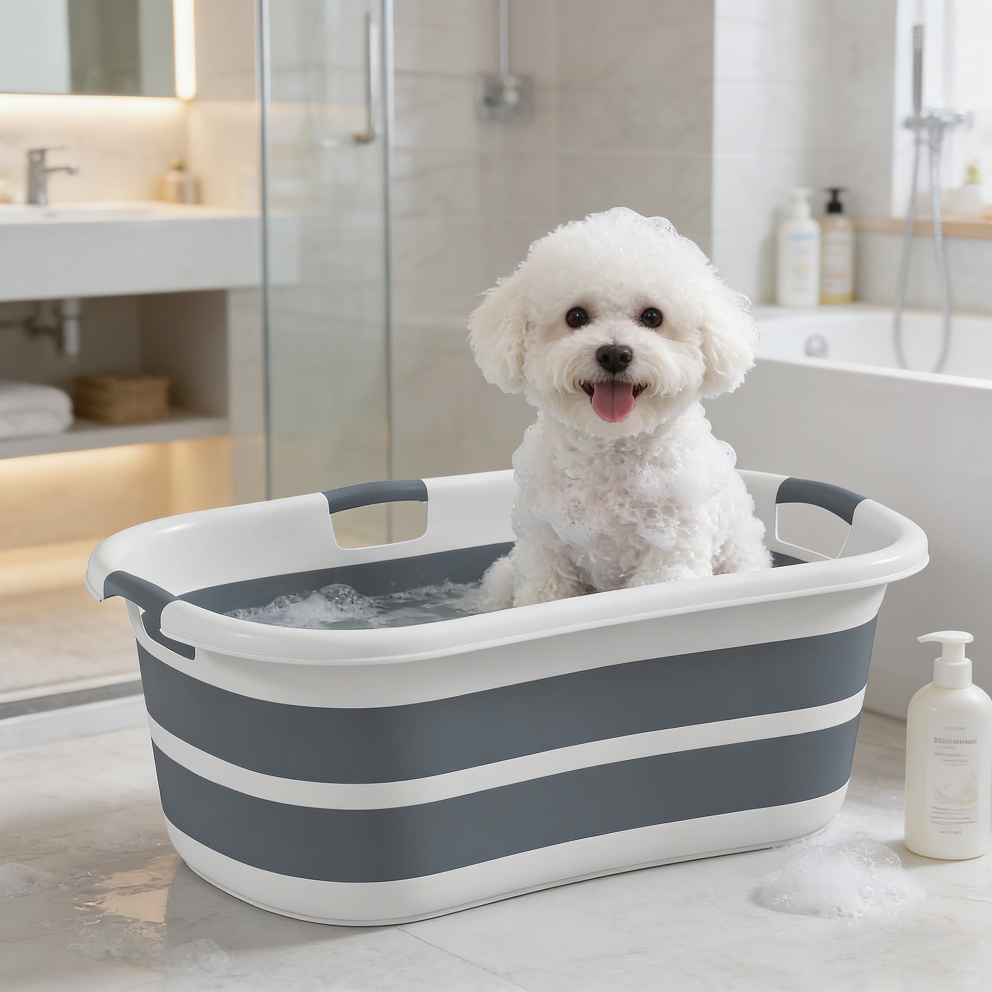 27L Collapsible Dog Bath Tub for Small Dogs & Cats, Portable Pet Bath Tub with Drainage Hole, Space Saving Foldable Puppy Bathtub for Indoor & Outdoor, Grey