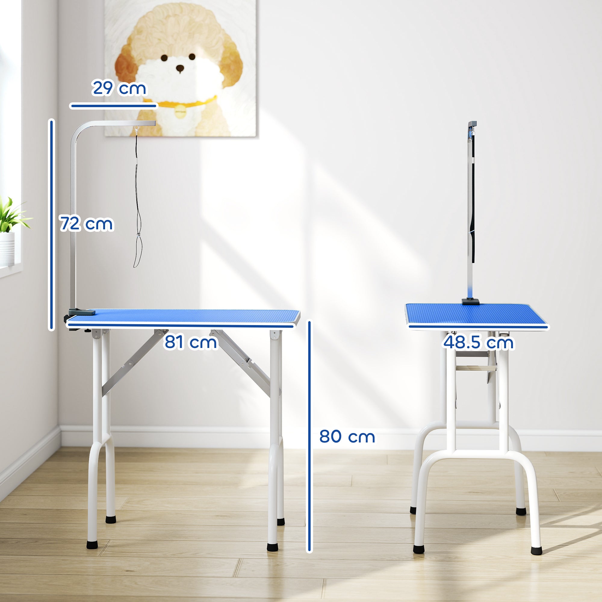 Foldable Dog Grooming Table, 32" Portable Pet Grooming Table with Height Adjustable Arm and Anti-Slip Rubber Top for Small Medium Dogs and Cats, Blue