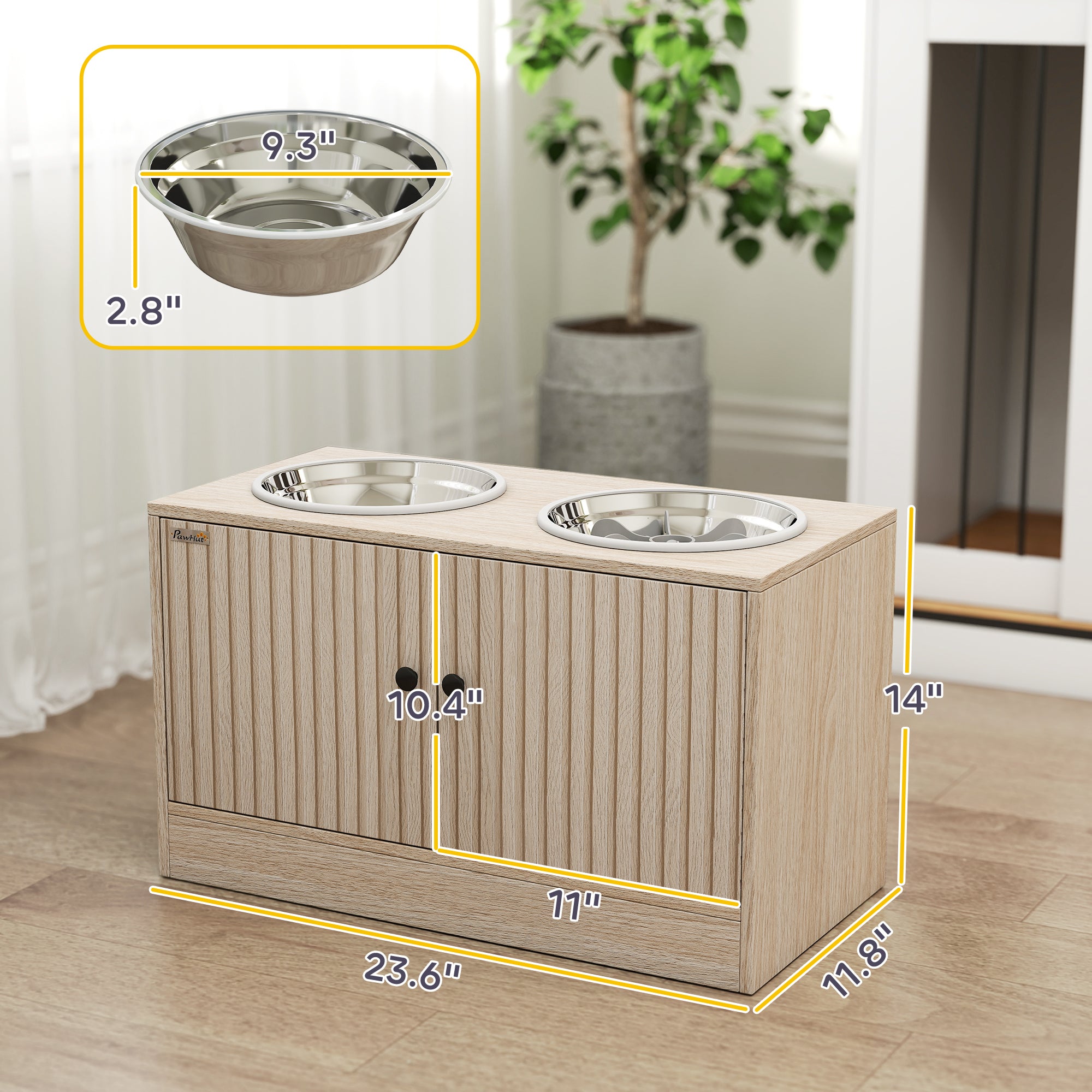 Elevated Dog Bowls with Storage Cabinet, Raised Dog Bowl Stand, Dog Feeding Station with Slow Feeder & Non-Slip, for Large Pets, Oak