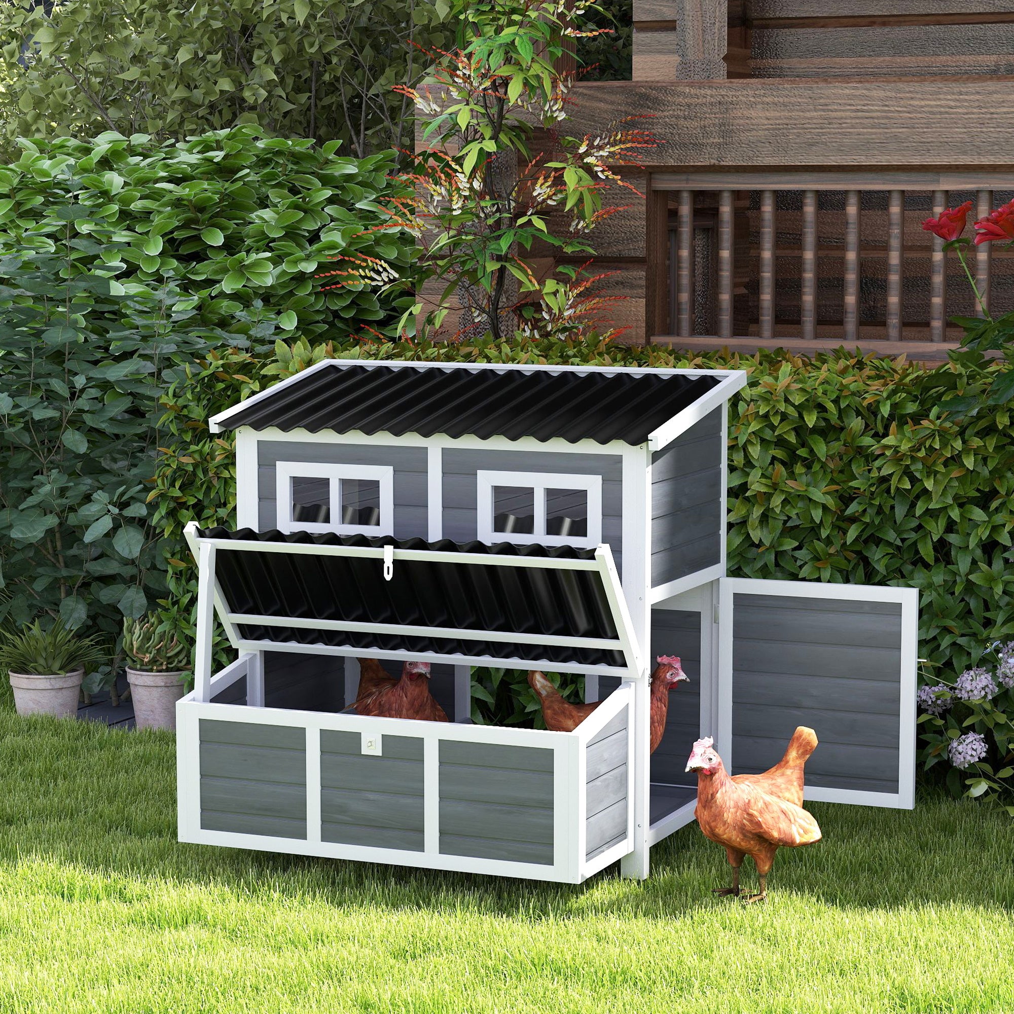 Wooden Chicken Coop, 39" Chicken House with Nesting Box, Pull-Out Tray, Waterproof Roof, Hen House Outdoor Poultry Cage for 4-6 Chickens, Rabbits, Small Animals, for Backyard, Light Gray