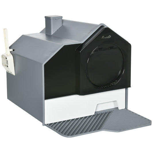 Hooded Cat Litter Box with Lid, Kitty Litter Pan with Pull-Out Drawer, Handle, Scoop, Deodorizer Packs for Odor Control & Easy-Clean, Grey