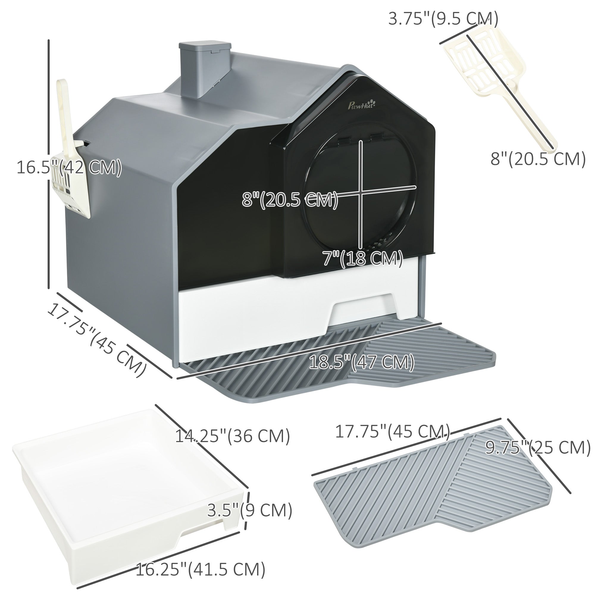 Hooded Cat Litter Box with Lid, Kitty Litter Pan with Pull-Out Drawer, Handle, Scoop, Deodorizer Packs for Odor Control & Easy-Clean, Grey