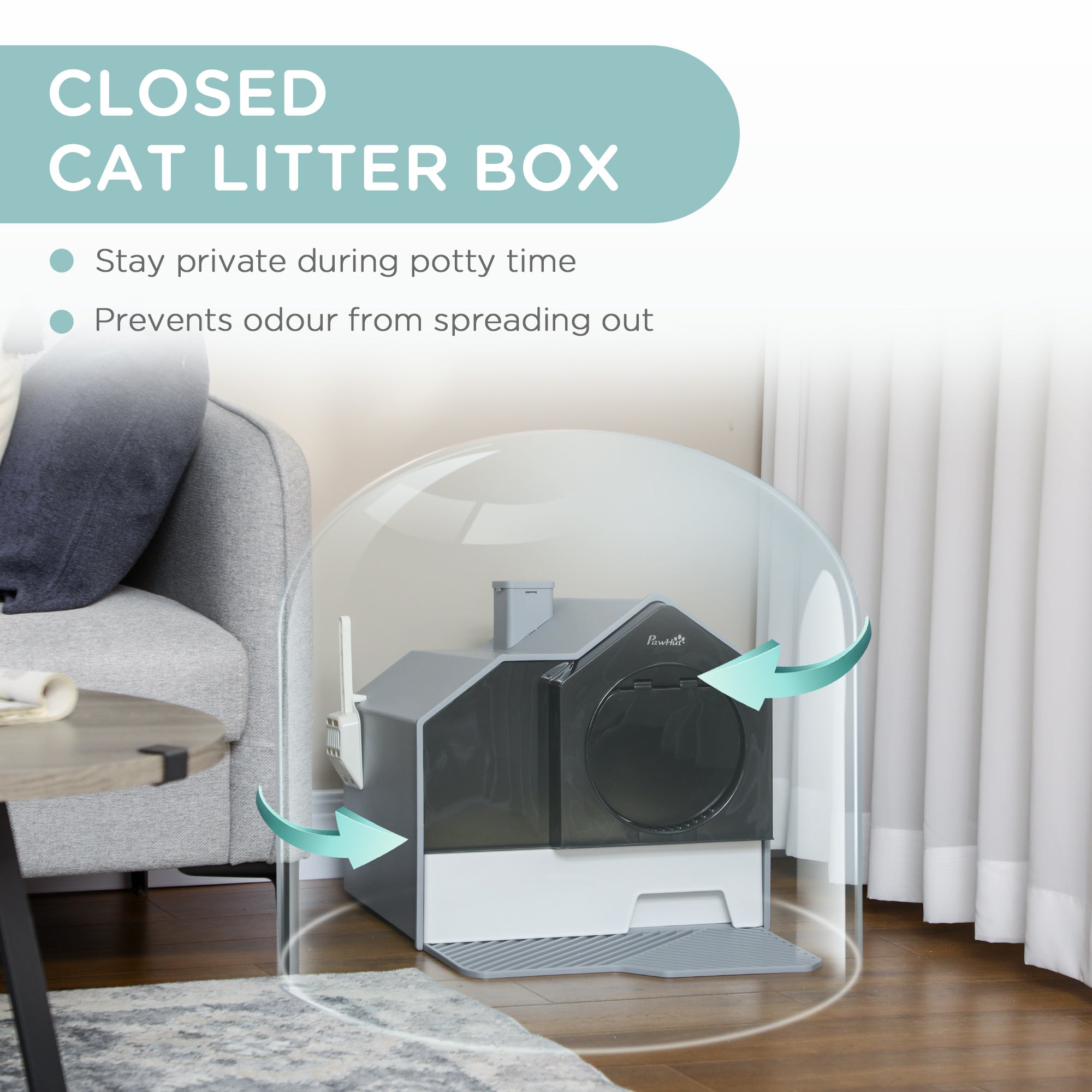 PawHut Hooded Cat Litter Box with Kitty Litter Mat, Kitty Litter Pan with Odor Control, Easy-Clean Pull-Out Drawer, Handle, Scoop, Gray