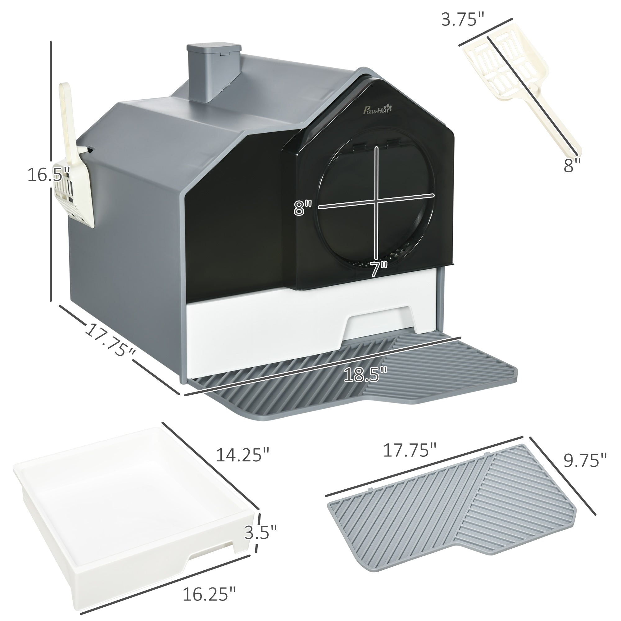 PawHut Hooded Cat Litter Box with Kitty Litter Mat, Kitty Litter Pan with Odor Control, Easy-Clean Pull-Out Drawer, Handle, Scoop, Gray