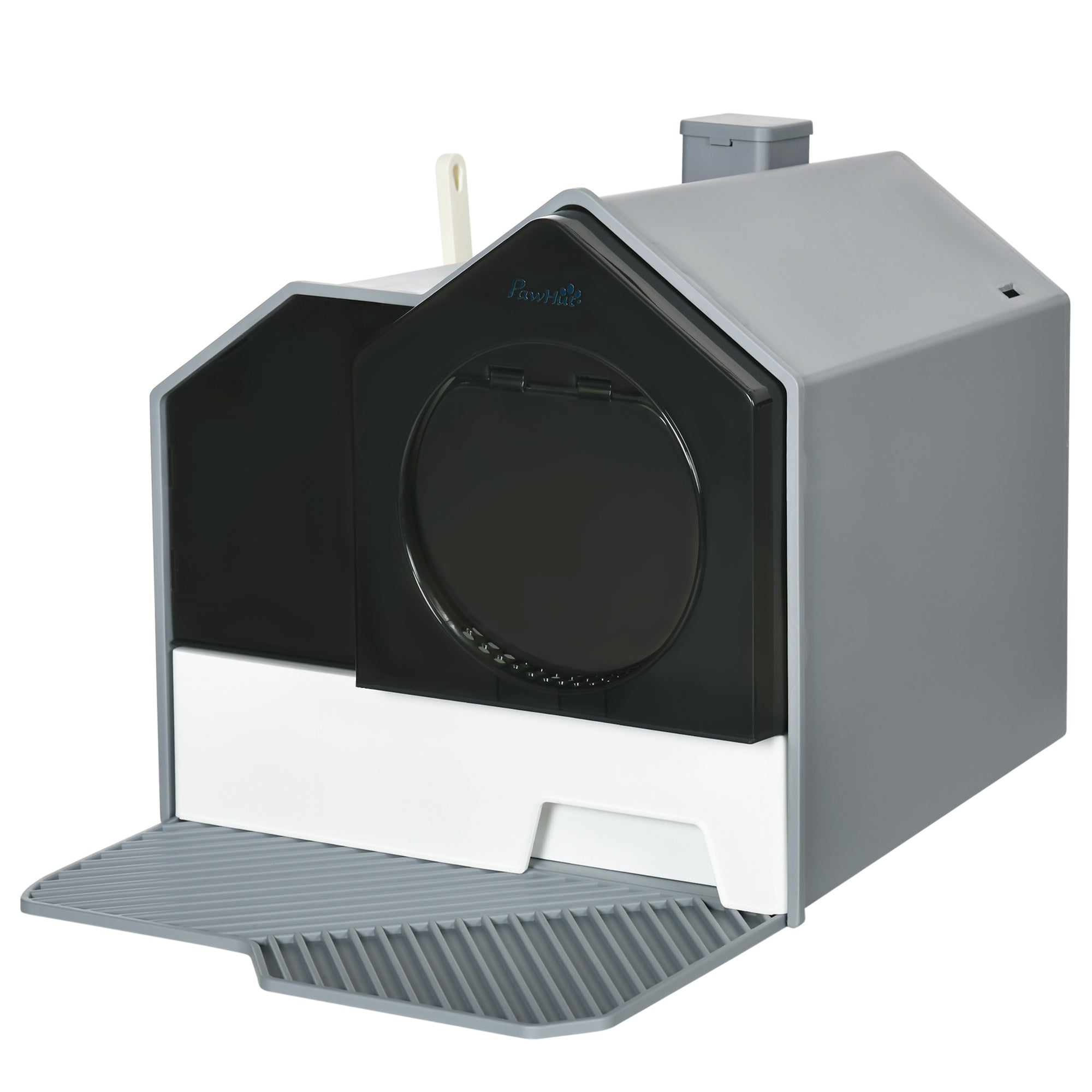 PawHut Hooded Cat Litter Box with Kitty Litter Mat, Kitty Litter Pan with Odor Control, Easy-Clean Pull-Out Drawer, Handle, Scoop, Gray