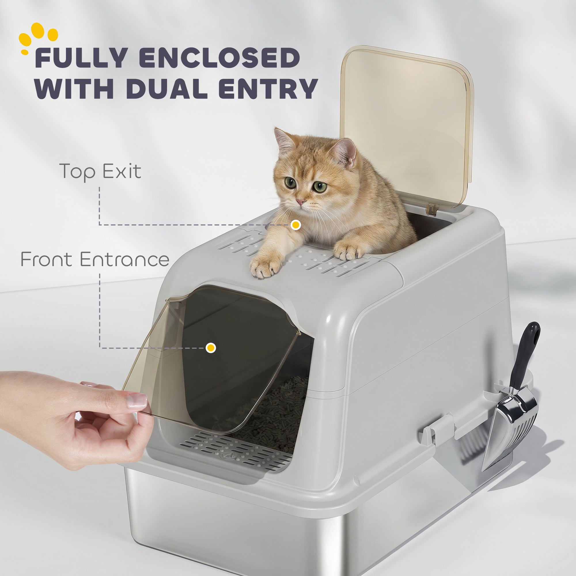 Stainless Steel Litter Box with Lid, Extra Large Hooded Cat Litter Tray for Big Cats with Front-Entry and Top-Exit, Metal Scoop, Deodorizer Bag, Non-Sticky, Odour Control and Easy Clean