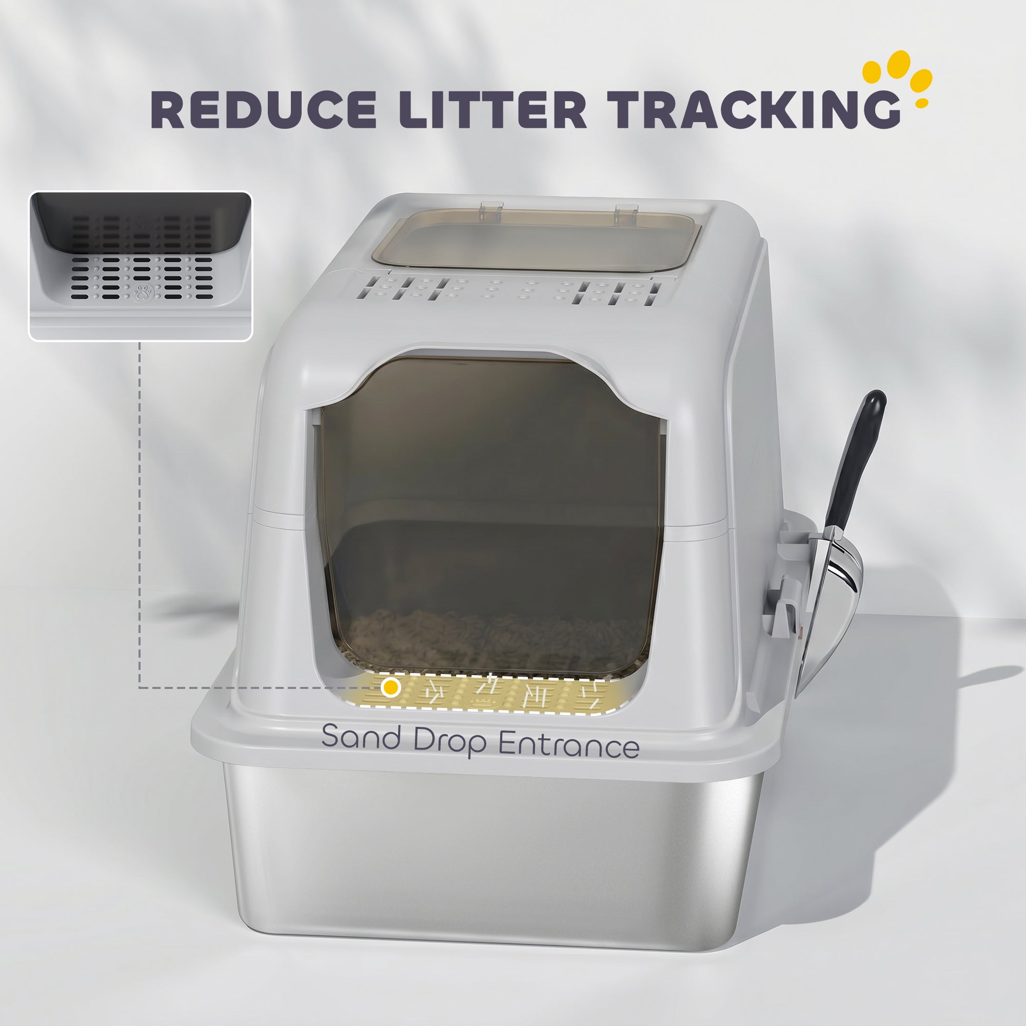 Stainless Steel Litter Box with Lid, Extra Large Hooded Cat Litter Tray for Big Cats with Front-Entry and Top-Exit, Metal Scoop, Deodorizer Bag, Non-Sticky, Odour Control and Easy Clean