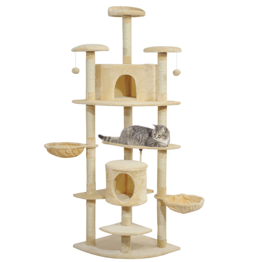 79" Cat Tree Tower, Large Cat Condo Furniture, Multi-Level Cat Tower with Scratching Posts, Cozy Hammock, Dangling Balls - Beige