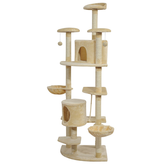 79" Cat Tree Tower, Large Cat Condo Furniture, Multi-Level Cat Tower with Scratching Posts, Cozy Hammock, Dangling Balls - Beige
