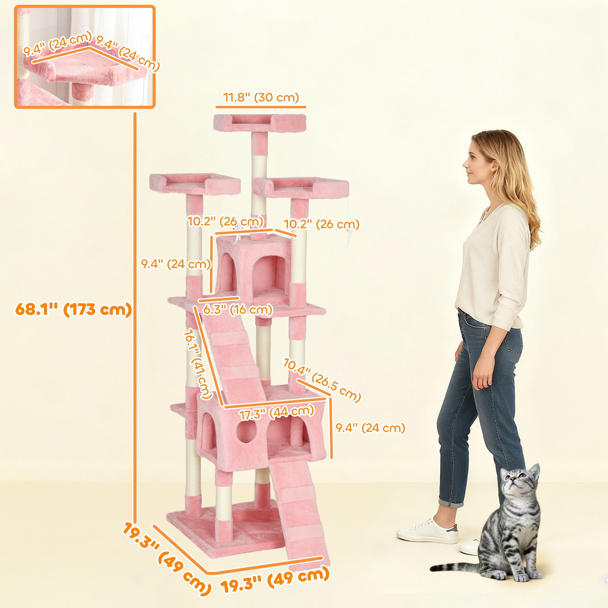 68 inches Cat Tree, Multi-Level Large Cat Tower Condo with Scratching Posts, Perches, Cat Houses, Dangling Toy, Pink