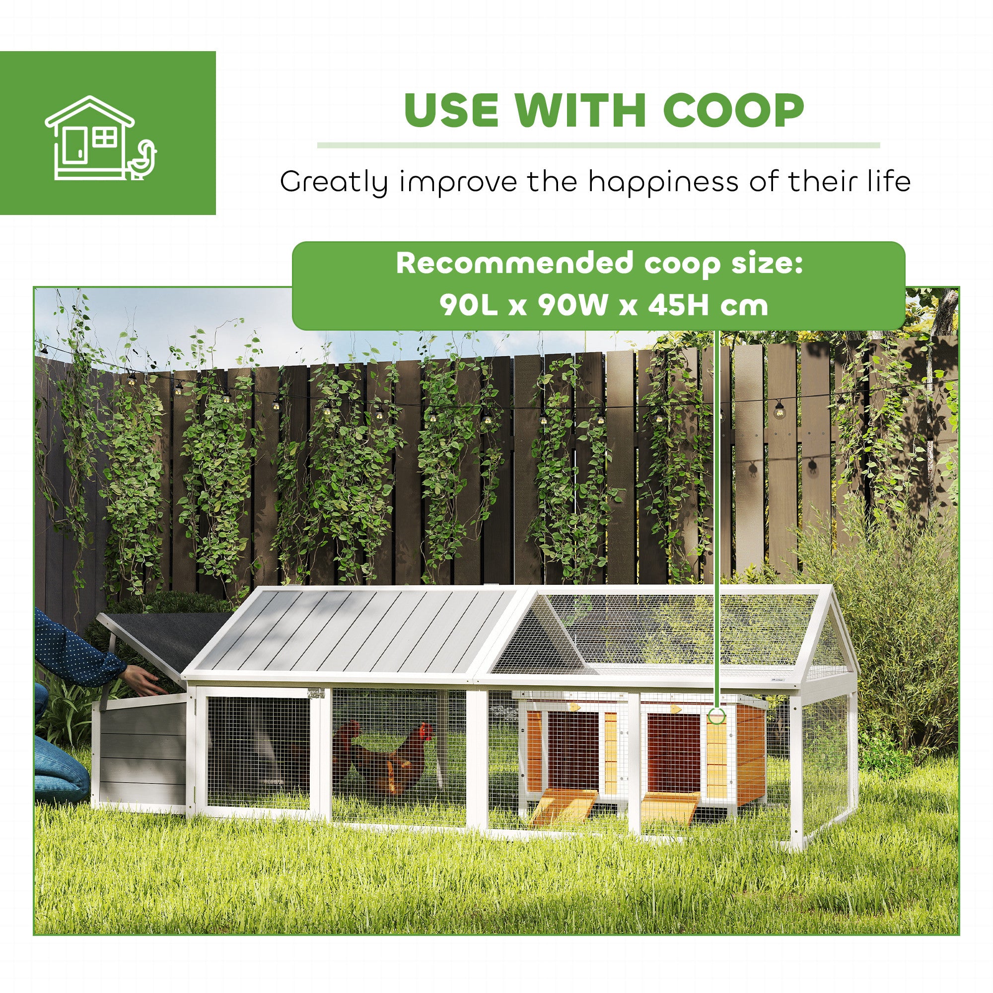 Chicken Run, Wooden Chicken Coop with Nesting Box, Openable Roof for 4-8 Chickens, Rabbits, Ducks, for Garden - White